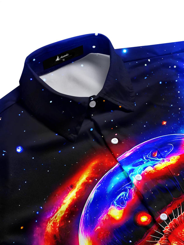 Men's Hawaiian ocean print pocket short sleeve shirt side view