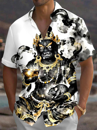 Men's black Buddhism Jambhala short sleeve shirt front view