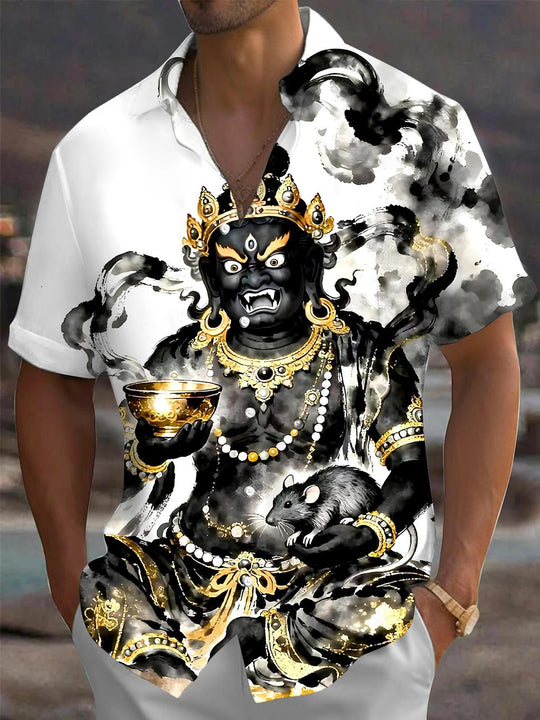 Men's black Buddhism Jambhala short sleeve shirt front view