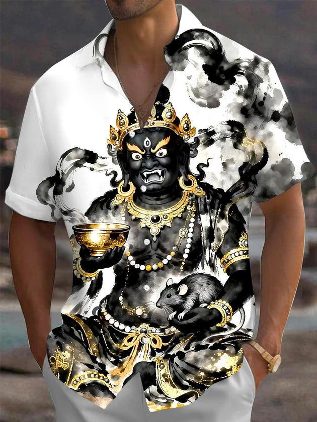 Men's black Buddhism Jambhala short sleeve shirt front view