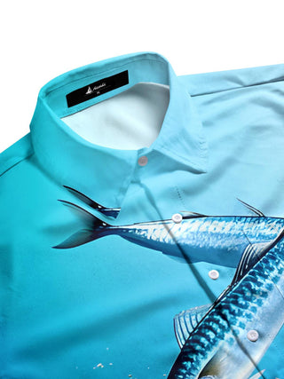 men's nautical fish print short sleeve shirt side view