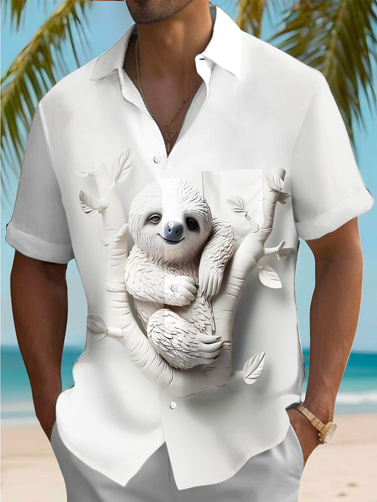 men's art white sloth relief short sleeve shirt front view