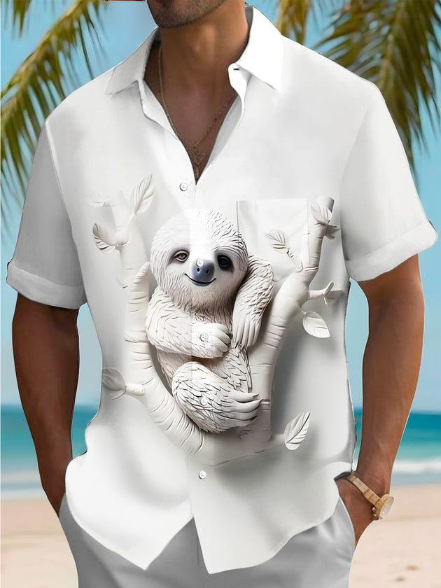 men's art white sloth relief short sleeve shirt front view