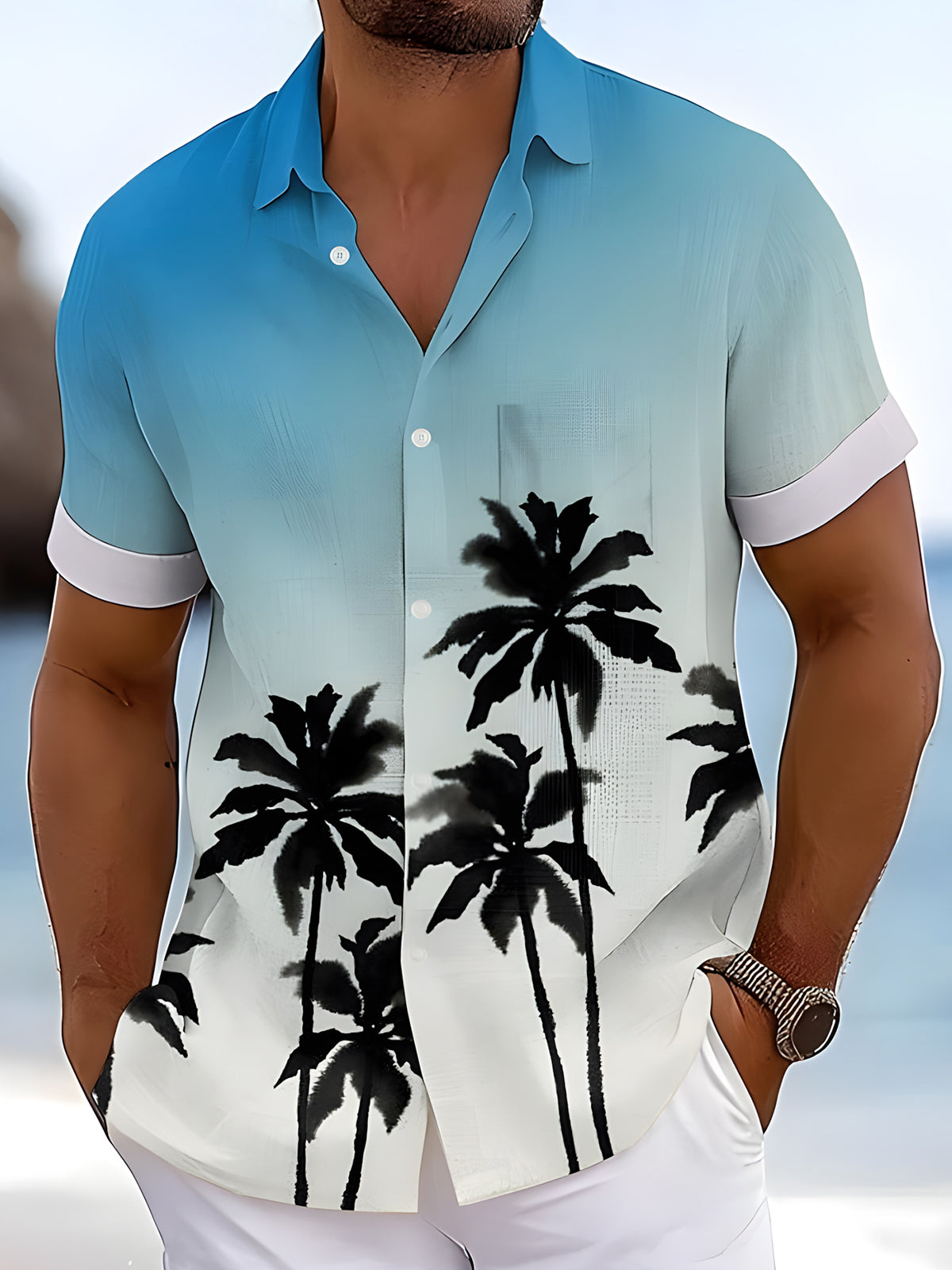 Coconut Tree Print Men's Pocket Short Sleeve Shirts