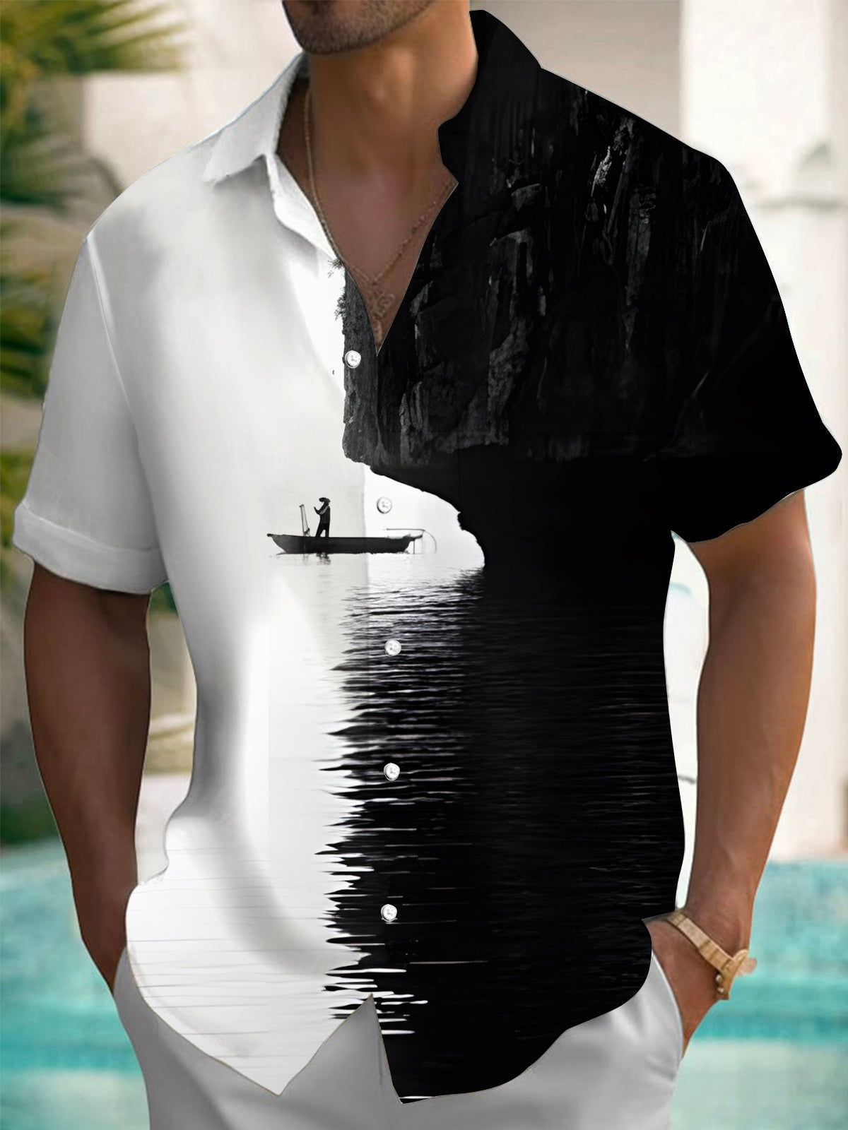 Boat Print Men's Pocket Short Sleeve Shirts