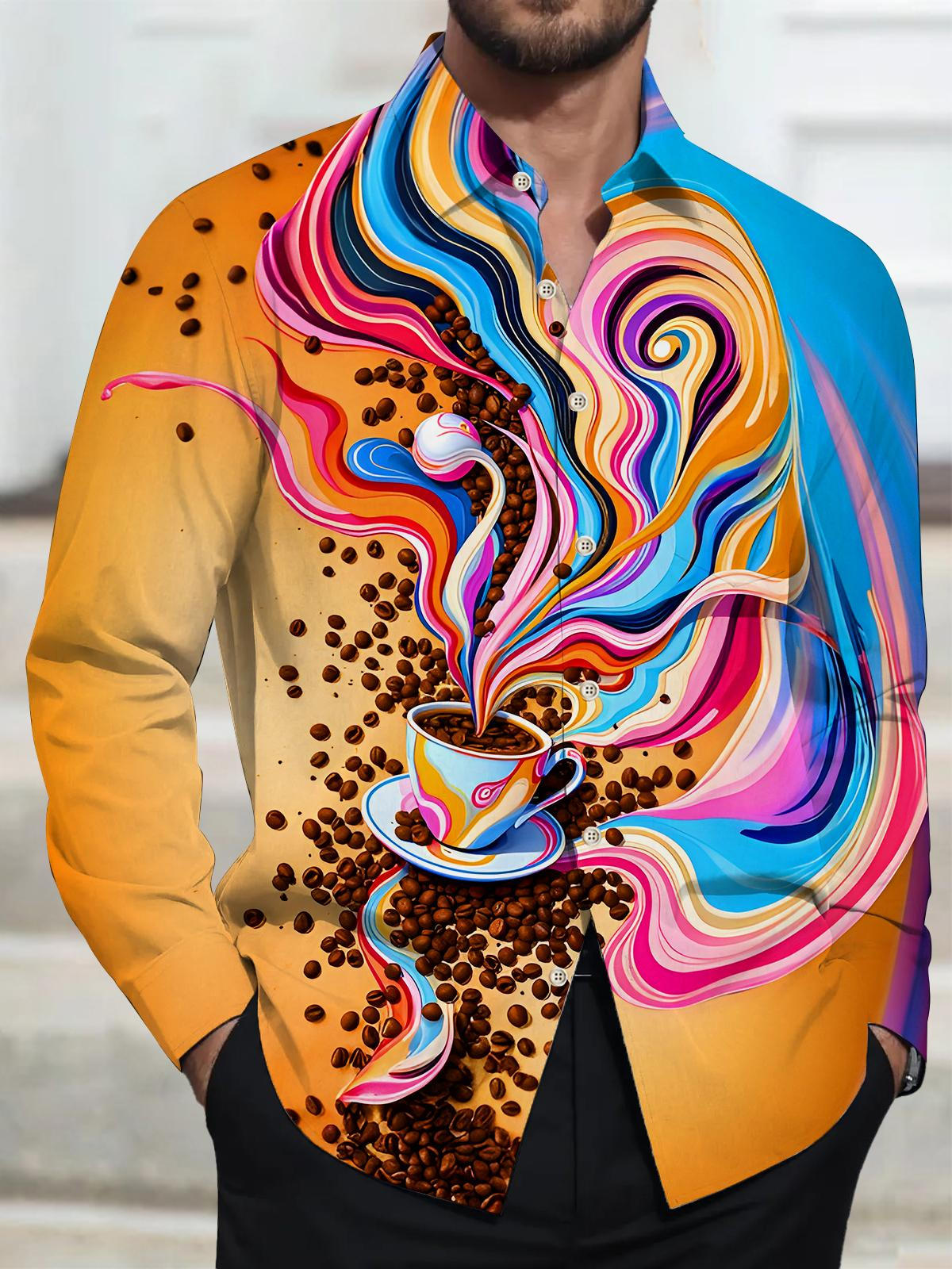 Fun Colorful Flowing Coffee Beans Men's Pocket Long Sleeve Shirts