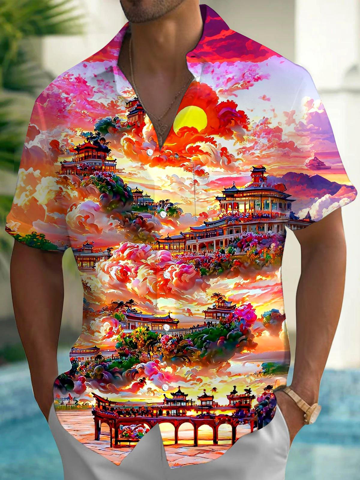 Landscape Art Print Men's Pocket Short Sleeve Shirts