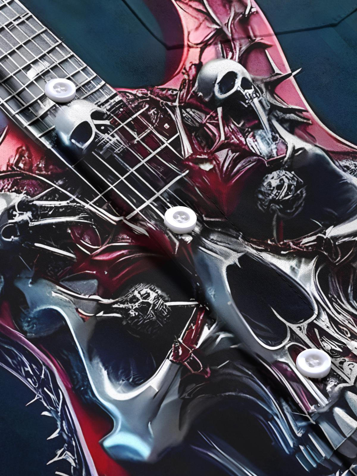 Skull Guitar Print Men's Pocket Short Sleeve Shirts