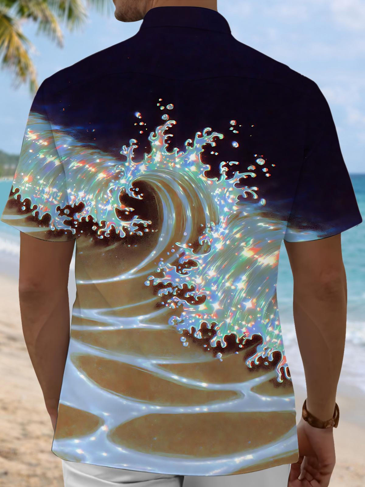 Wave Print Men's Pocket Short Sleeve Shirts