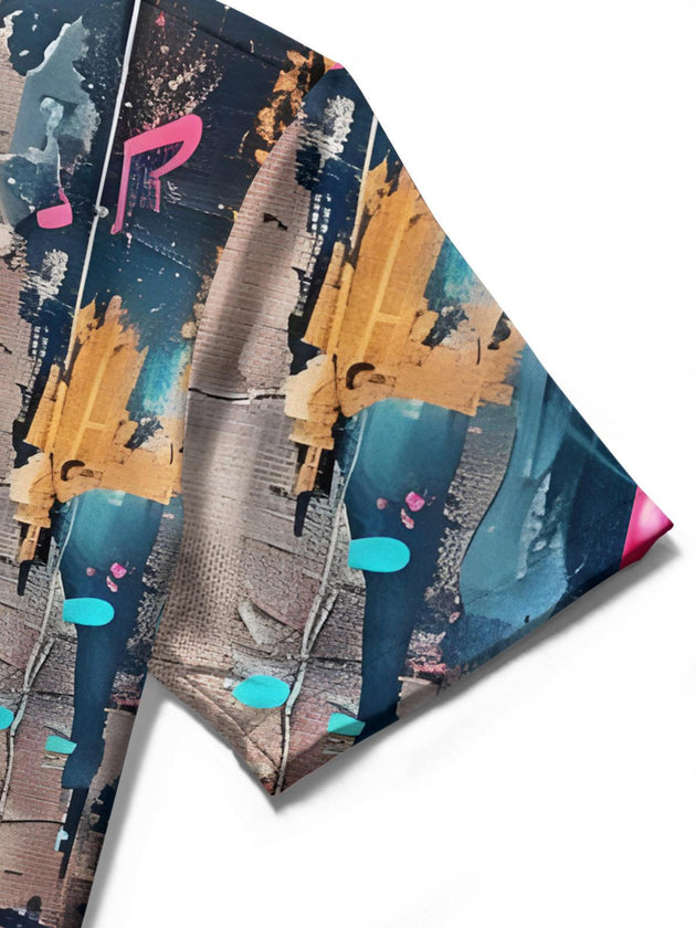 Men's guitar oil painting print pocket short sleeve shirt close-up detail of stitching