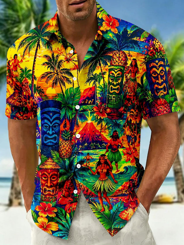 Fun Hawaiian Tiki Totem Hula Girl Volcano Island Colorful Men's Pocket Short Sleeve Shirts