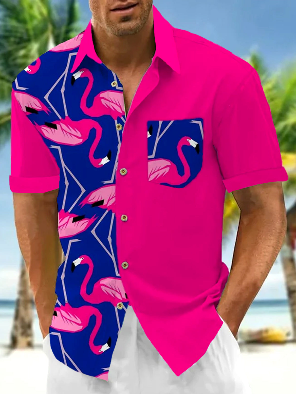 Flamingo Men's Pocket Short Sleeve Shirts