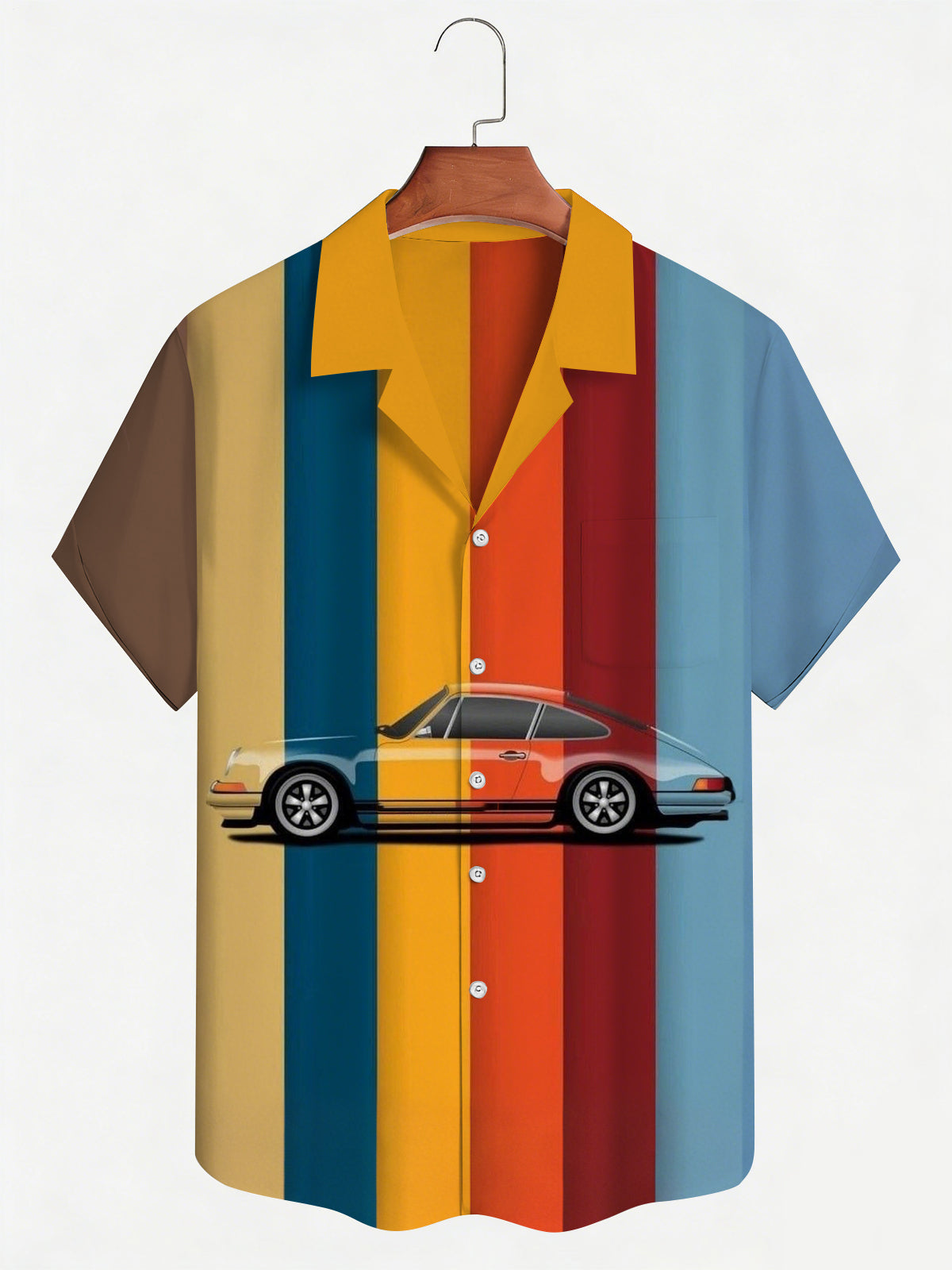 Car Print Men's Pocket Cuban Collar Short Sleeve Shirt