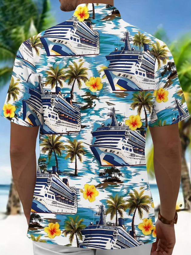Hawaiian Vacation Cruise Palm Tree Flower Men's Pocket Short Sleeve Shirts