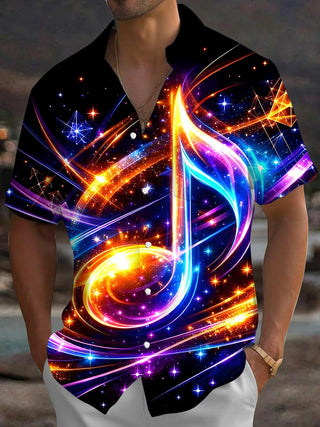 Men's black music print short sleeve shirt front view