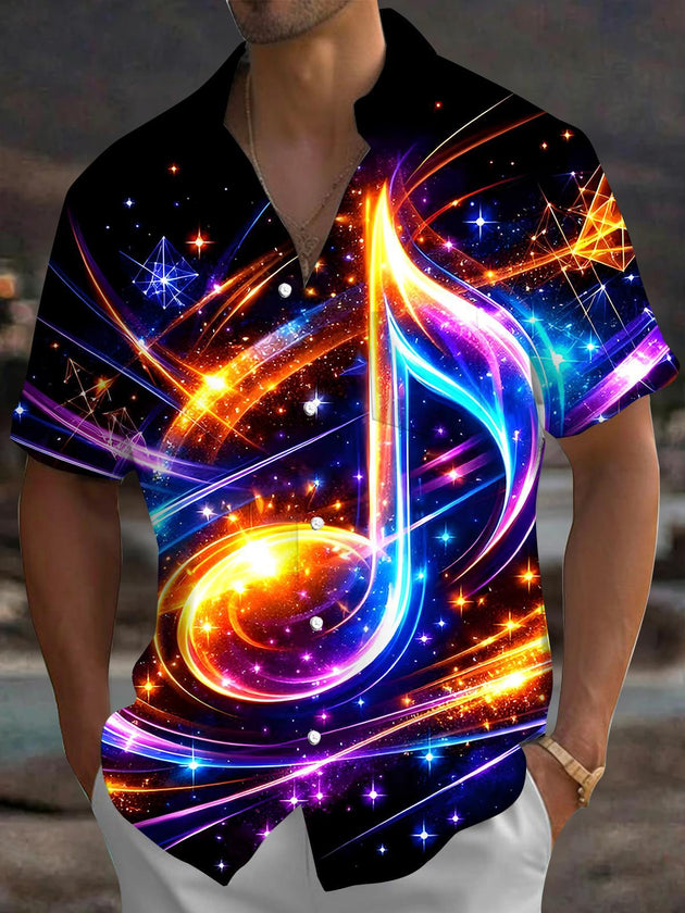 Men's black music print short sleeve shirt front view