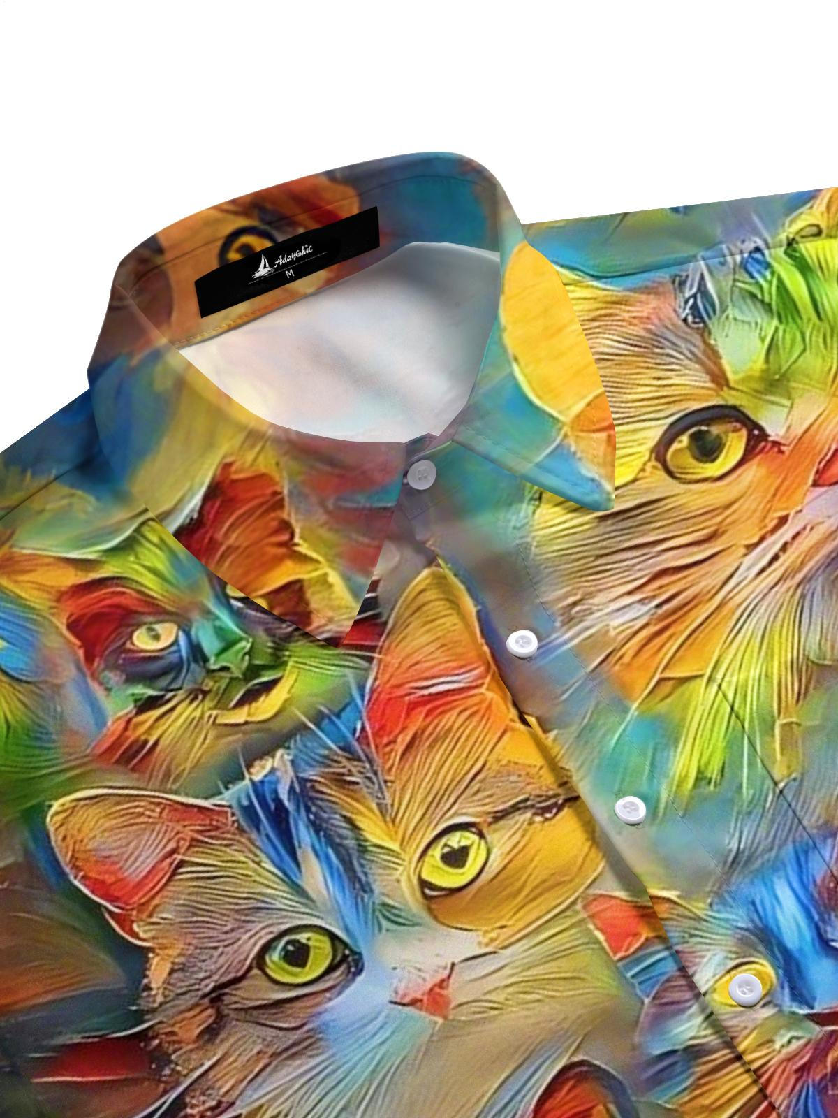 men's cat print short sleeve flat lay shirt