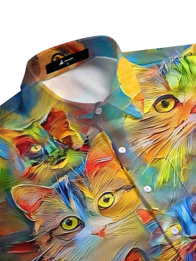 men's cat print short sleeve flat lay shirt