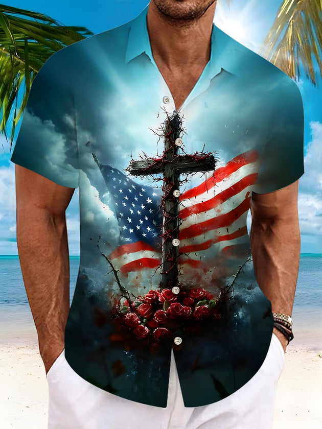 men's American flag print shirt front view Independence Day