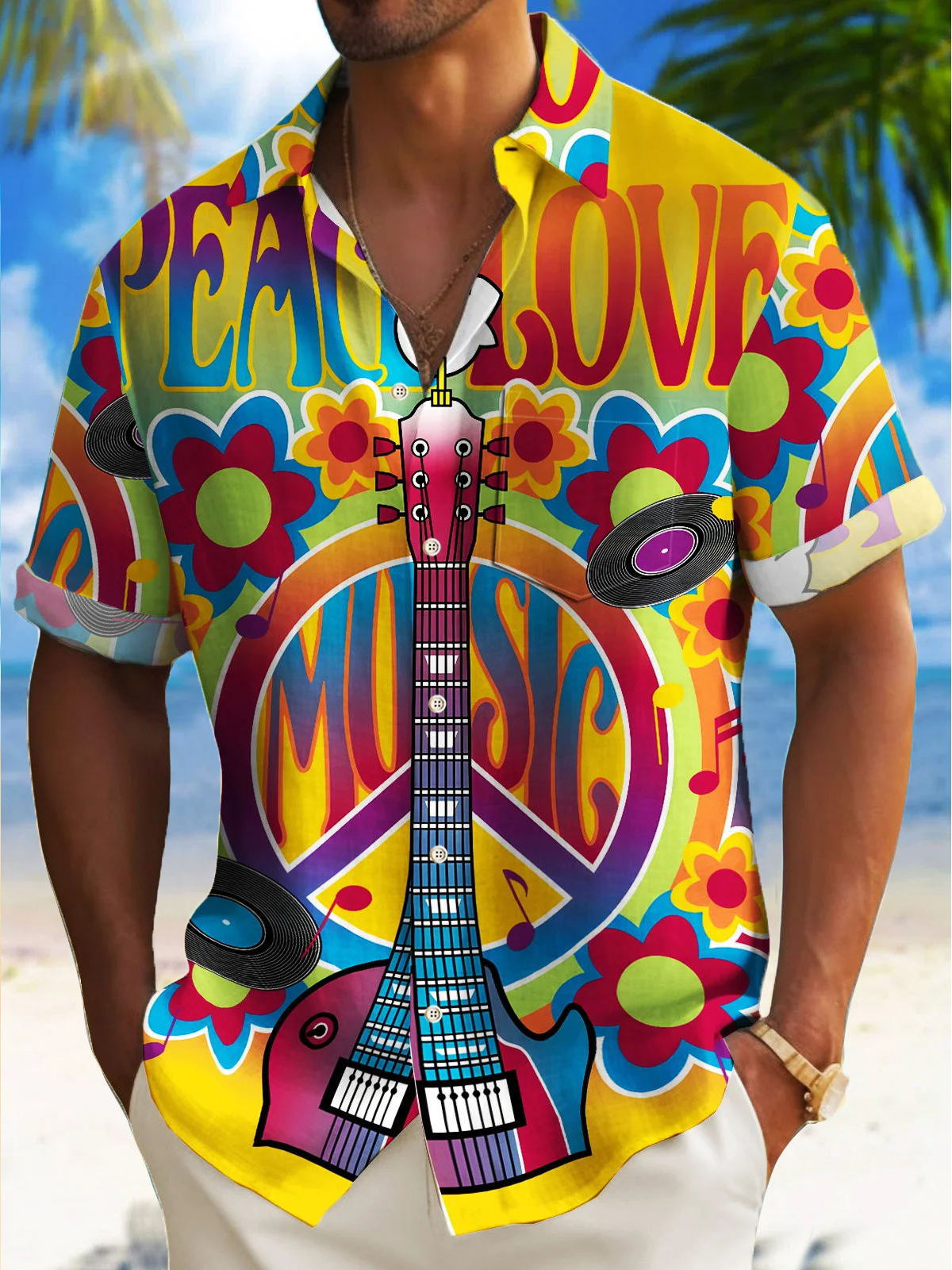 Hippie Music Print Men's Pocket Short Sleeve Shirts