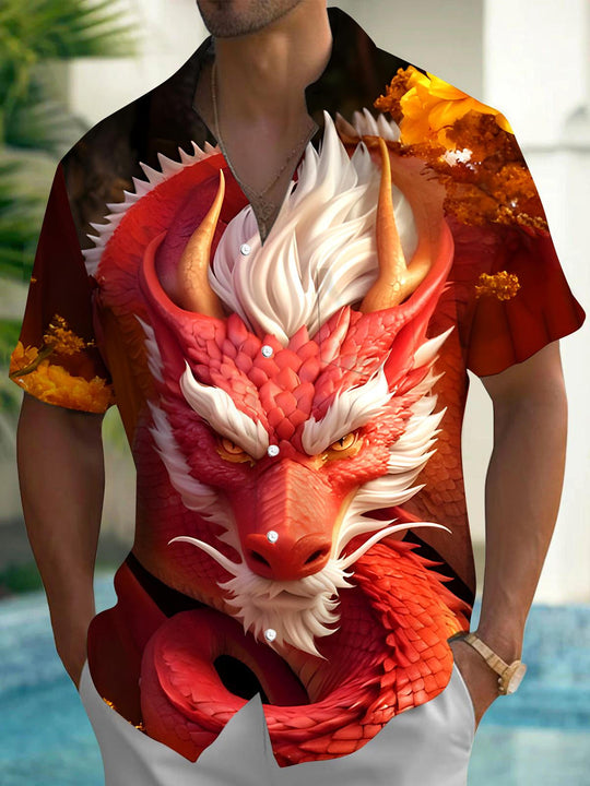 Men's dragon print short sleeve shirt front view