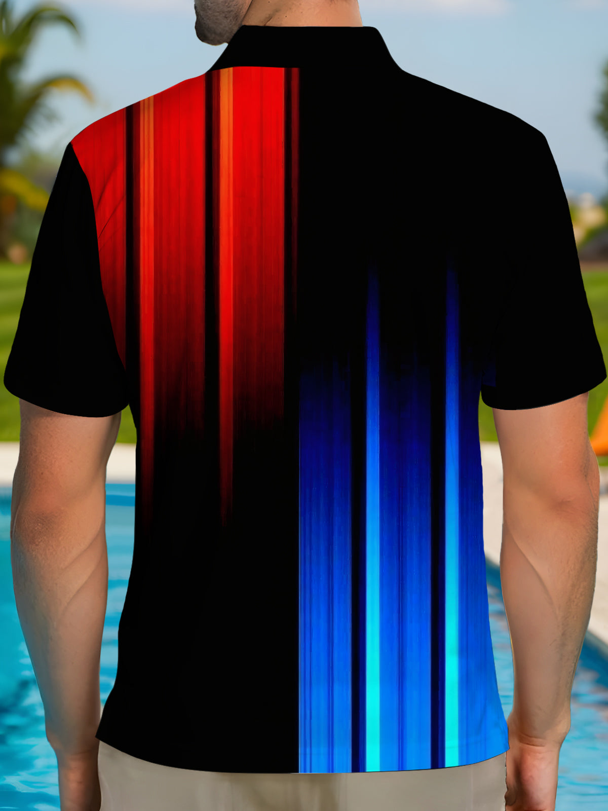 Gradient Stripe Print Men's Short Sleeve Button Polo Shirt