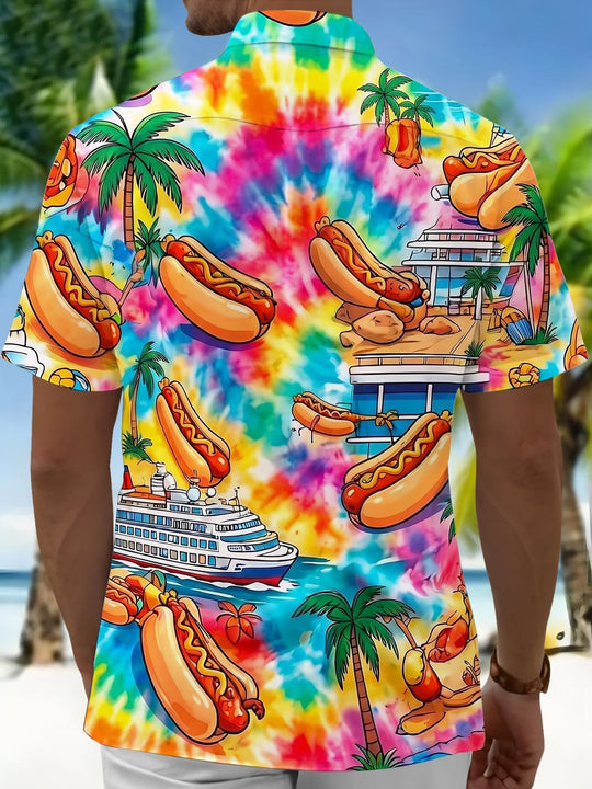 Hawaiian Colorful Tie-Dye Hot Dog Cruise Vacation Men's Pocket Short Sleeve Shirts