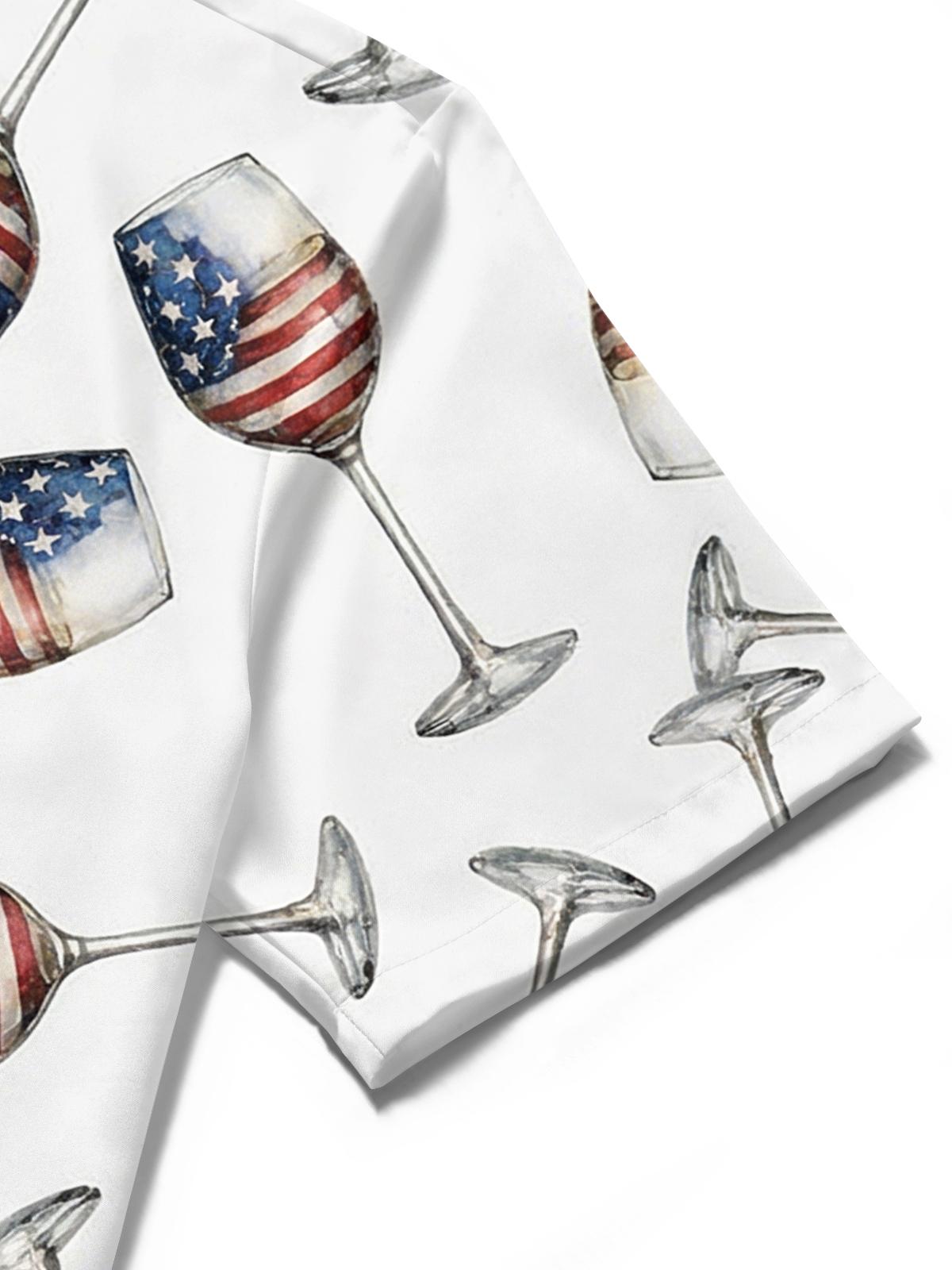 Men American flag print short sleeve shirt pocket stitching detail close-up