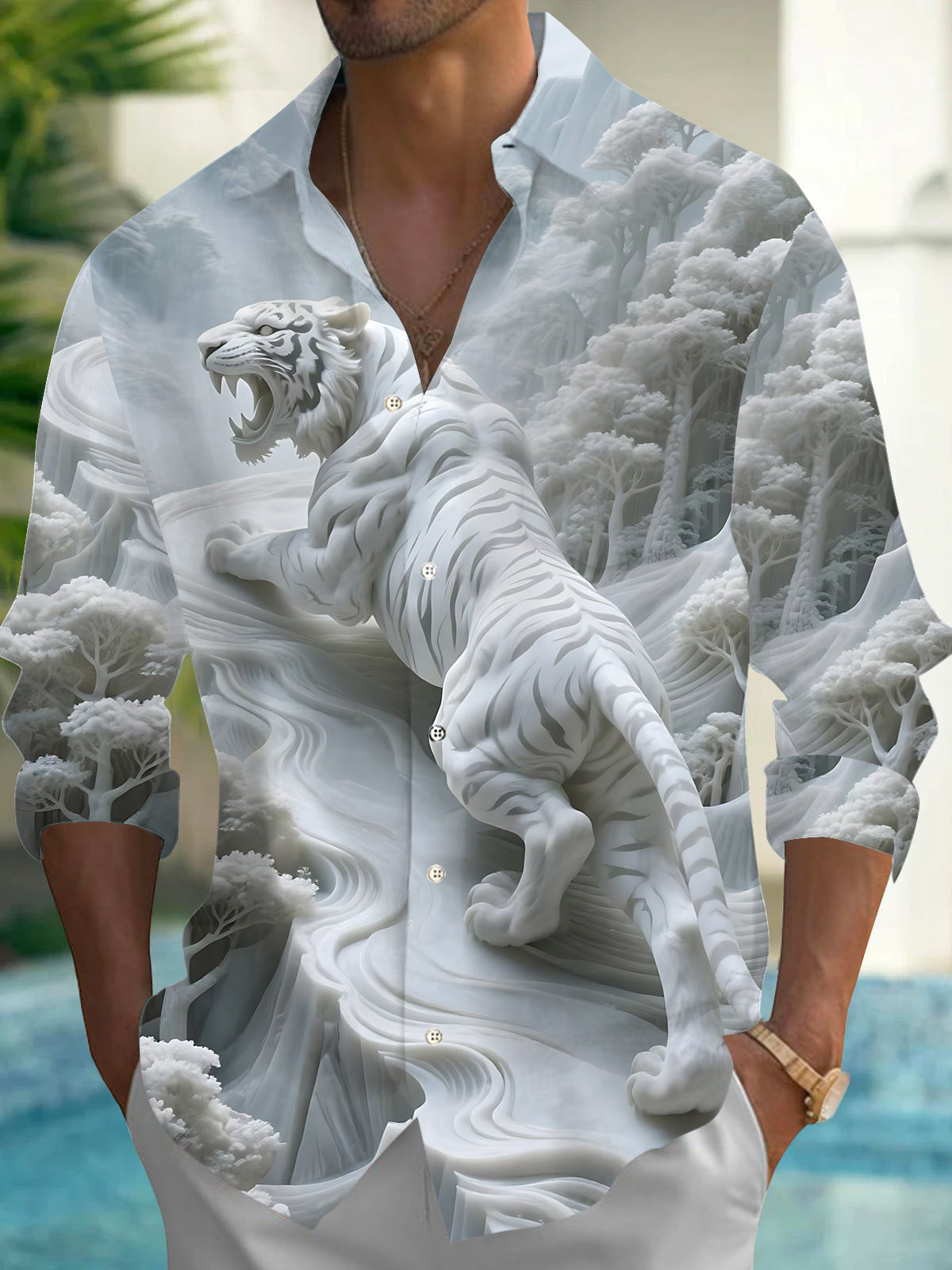 Forest Tiger Art Print Men's Pocket Long Sleeve Shirts