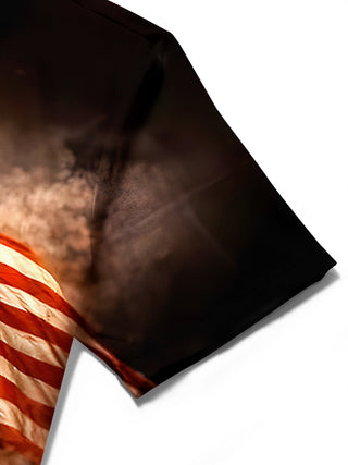 Men retro eagle American flag print short sleeve shirt fabric detail close-up view