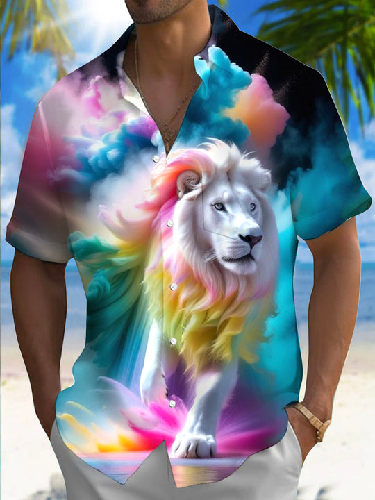men's animal lion print short sleeve shirt front view