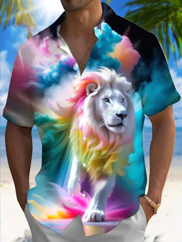 men's animal lion print short sleeve shirt front view