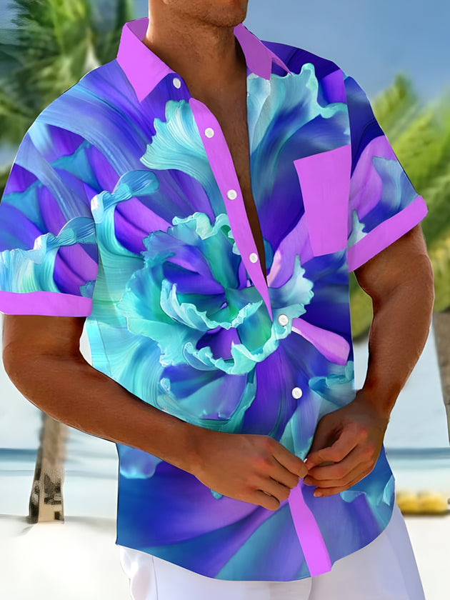 Men's floral short sleeve Hawaiian shirt front view for tropical beach vacation