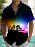 Coconut Tree Starry Sky Print Men's Pocket Short Sleeve Shirts