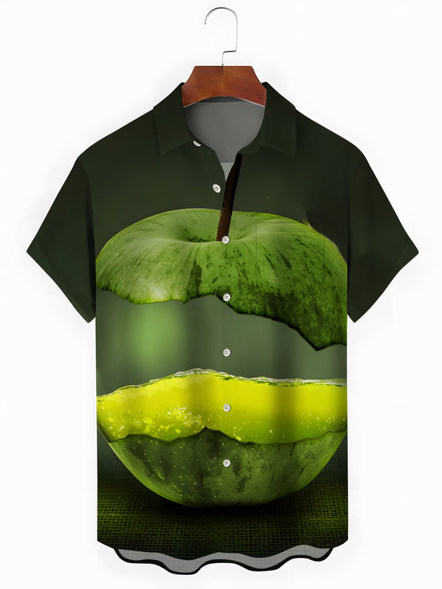 Men's short sleeve shirt front view with apple print pocket design