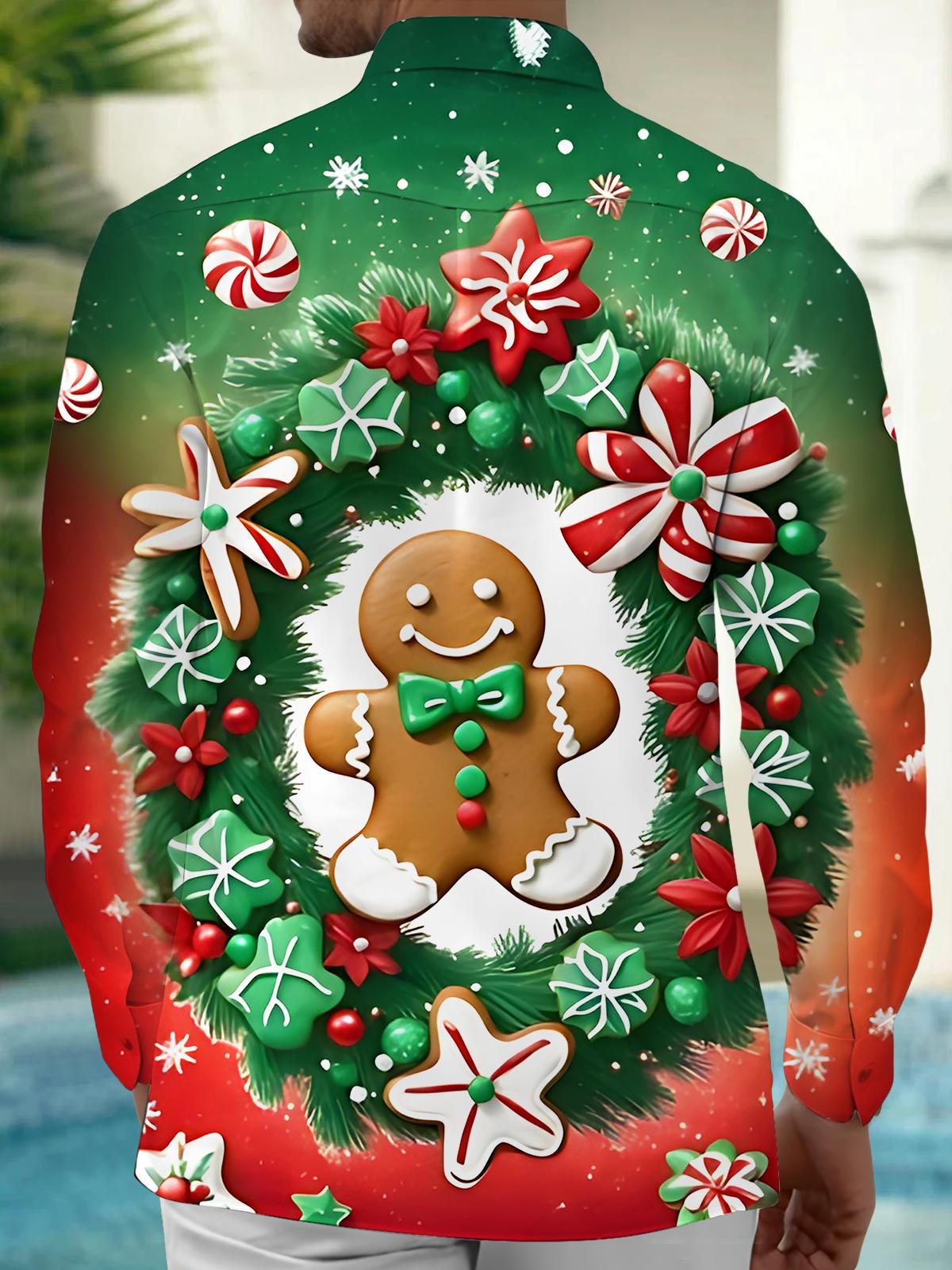 Christmas Gingerbread Man Print Men's Pocket Long Sleeve Shirts