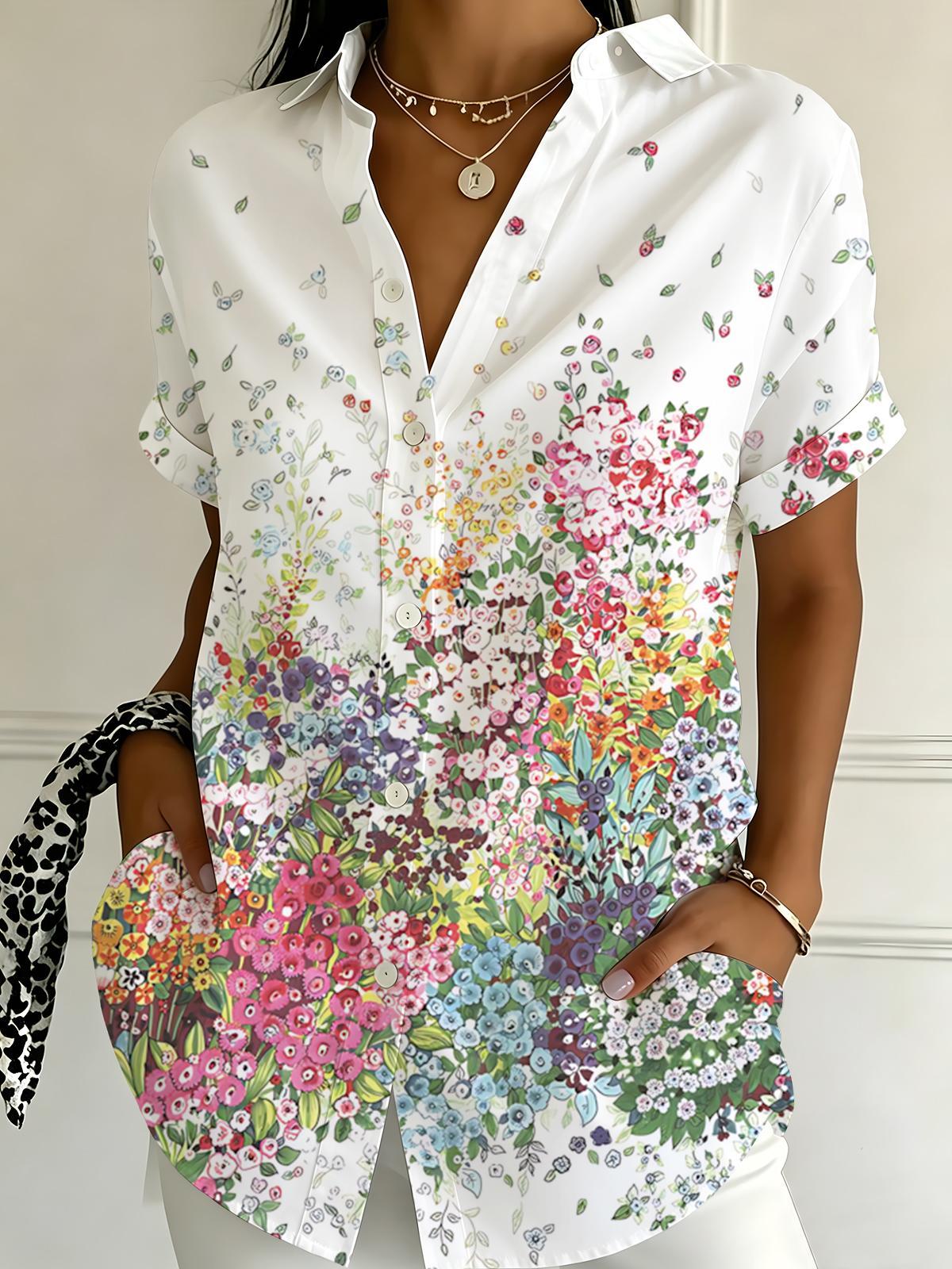 Multicolor Floral Print Women's Short Sleeve Shirts