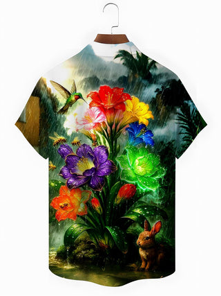 Men's floral hummingbird rabbit print short sleeve shirt back view