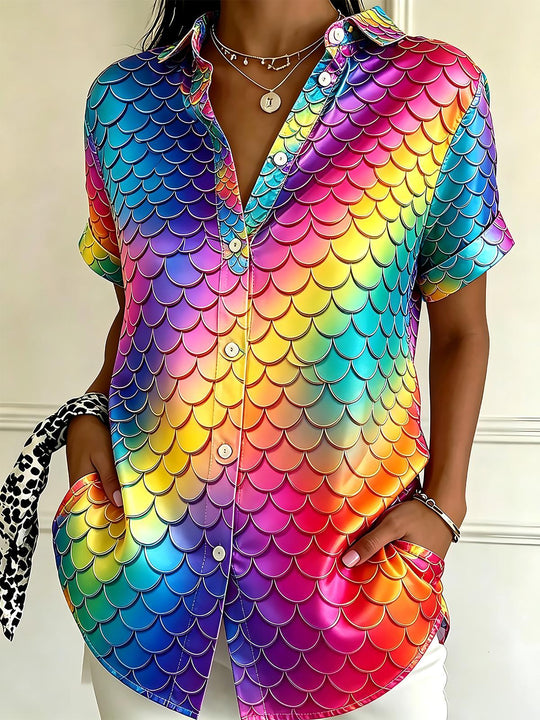 Gradient Colorful Fish Scale Women's Short Sleeve Shirts