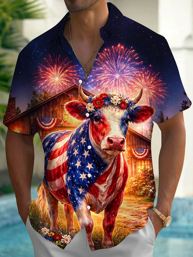 American Flag Cow Fireworks Independence Day Men's Pocket Short Sleeve Shirts