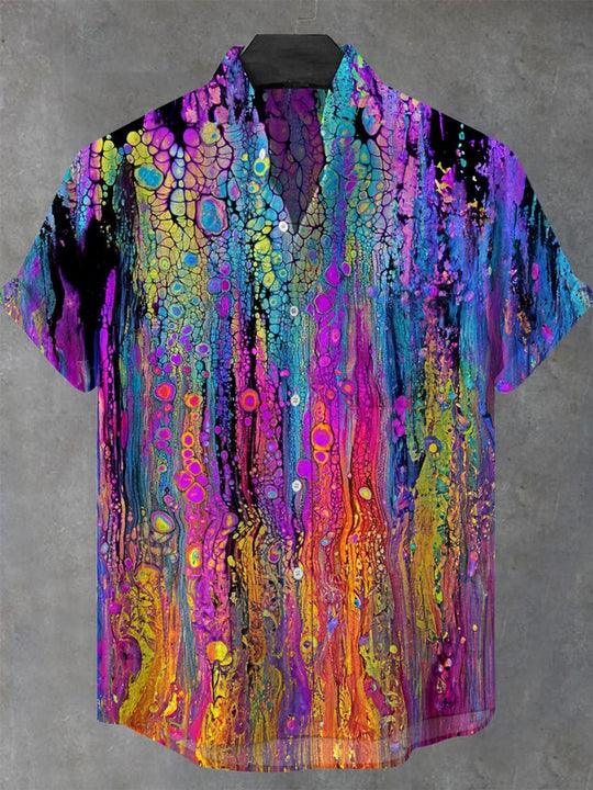 men's tie dye abstract short sleeve stand collar shirt front view
