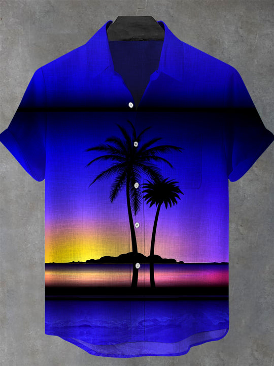 Men's Hawaiian coconut tree pocket short sleeve shirt front view for beach vacation