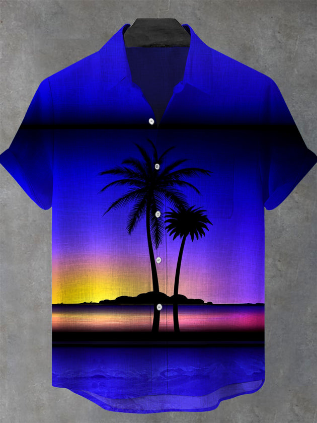 Men's Hawaiian coconut tree pocket short sleeve shirt front view for beach vacation