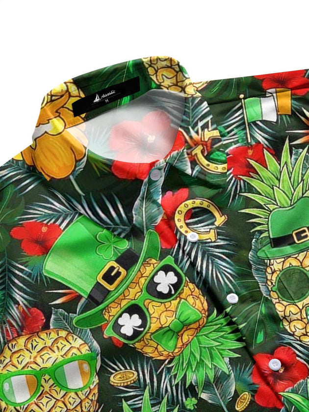 St. Patrick's Day Pineapple Skull Print Men's Pocket Short Sleeve Shirts