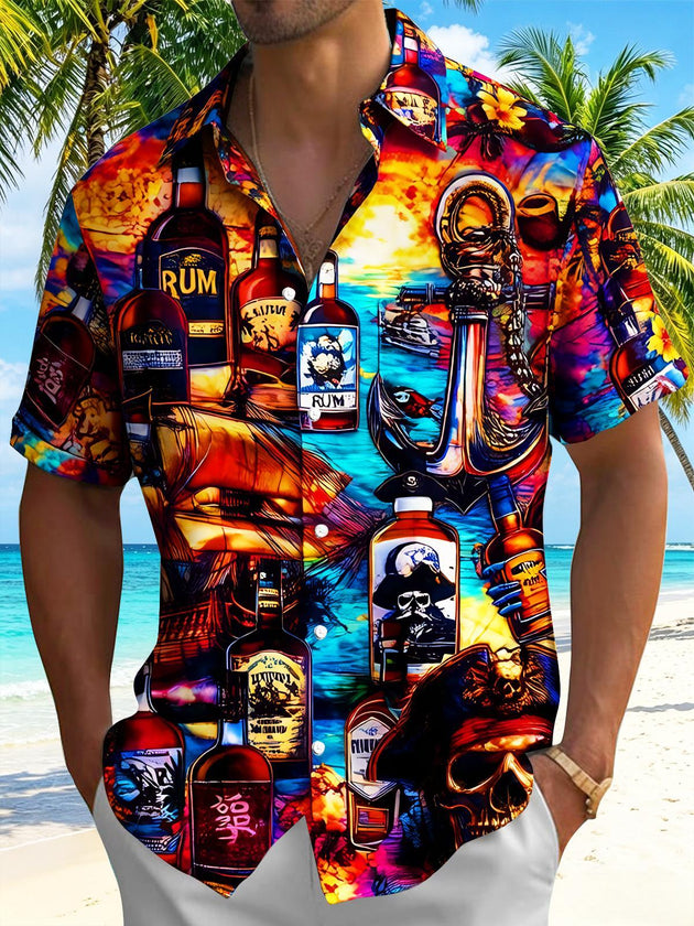 Colorful Pirate Skull Rum Wine Men's Pocket Short Sleeve Shirts