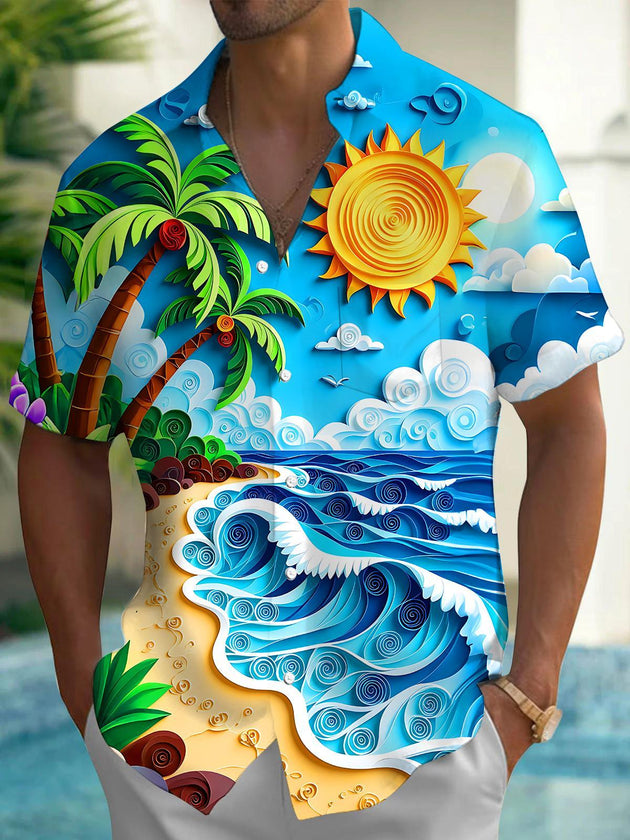 Art 3D Relief Hawaii Coconut Tree Beach Wave Sun Vacation Men's Pocket Short Sleeve Shirts