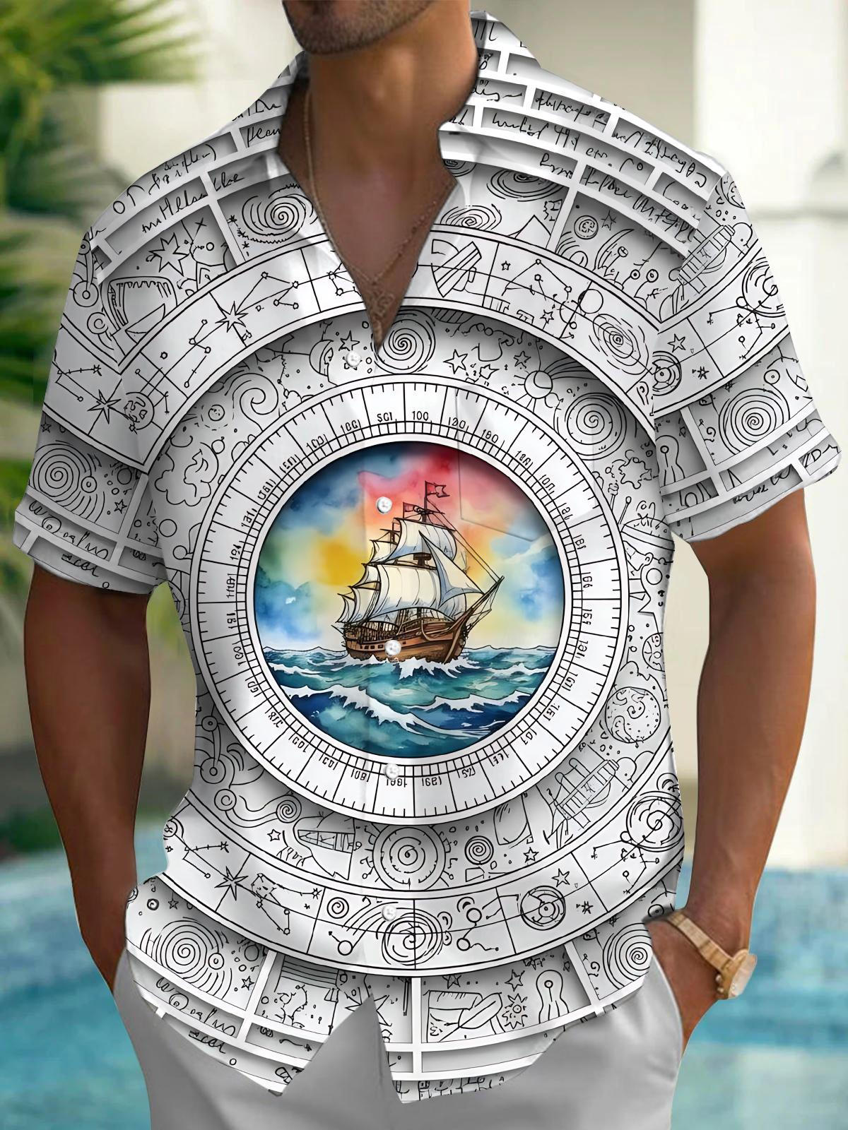 Sailboat Compass Print Men's Pocket Short Sleeve Shirts
