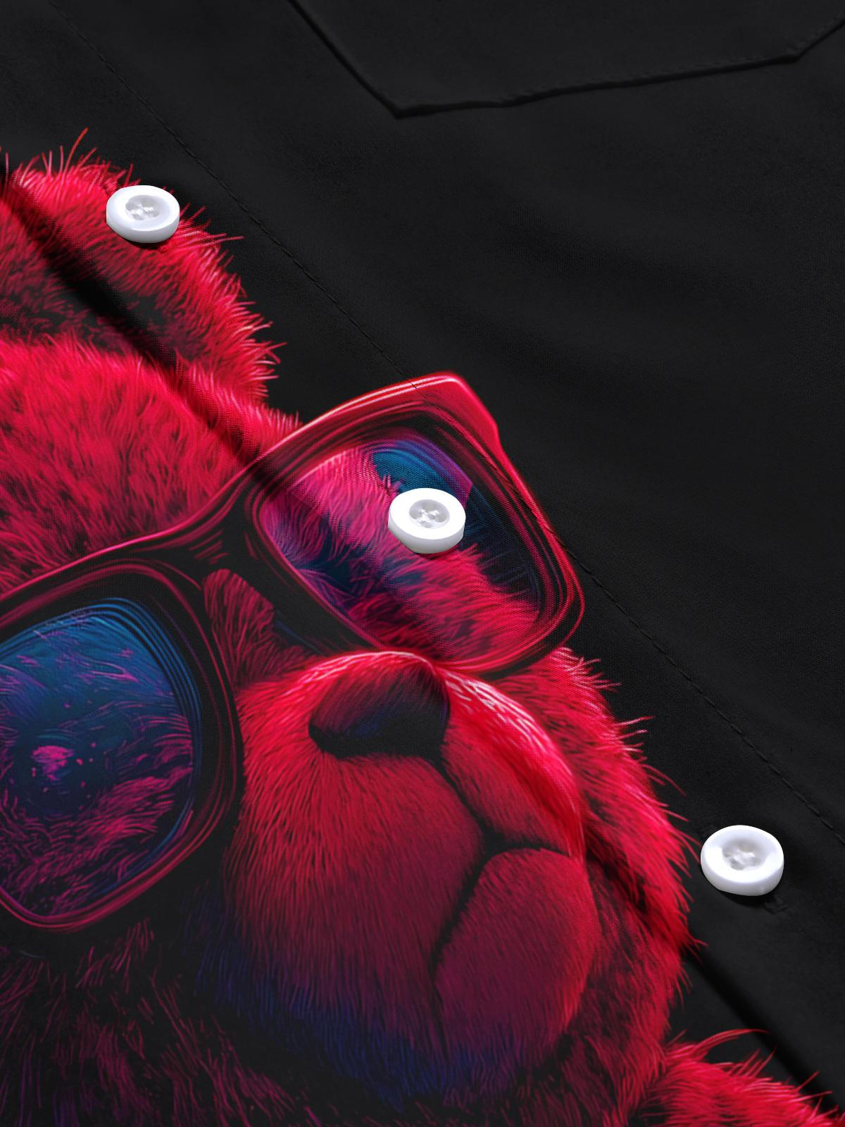 Eyeglass Bear Print Men's Pocket Short Sleeve Shirts