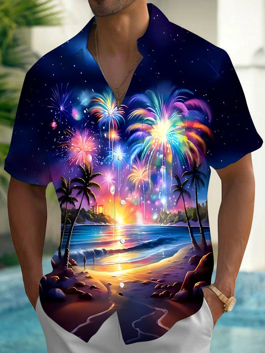 Men's Hawaiian coconut tree fireworks short sleeve shirt front view tropical beach vacation