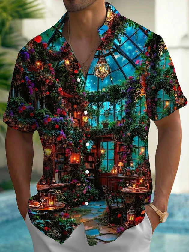 Men's green floral print short sleeve shirt front view